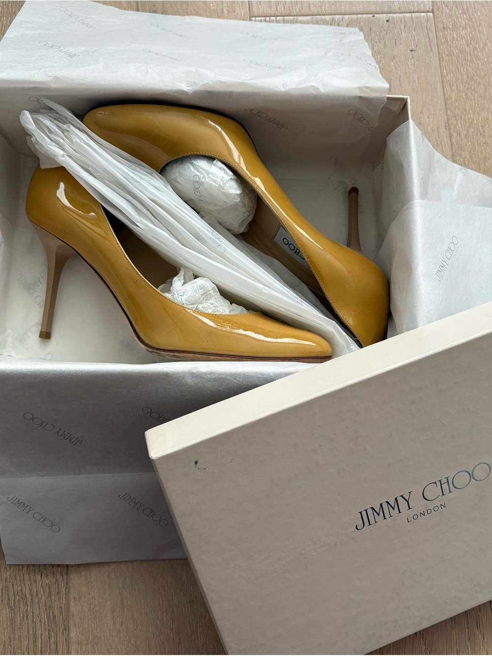 Jimmy Choo “Gilbert” Style (Nude) Mustard Patent Leather Stilettos